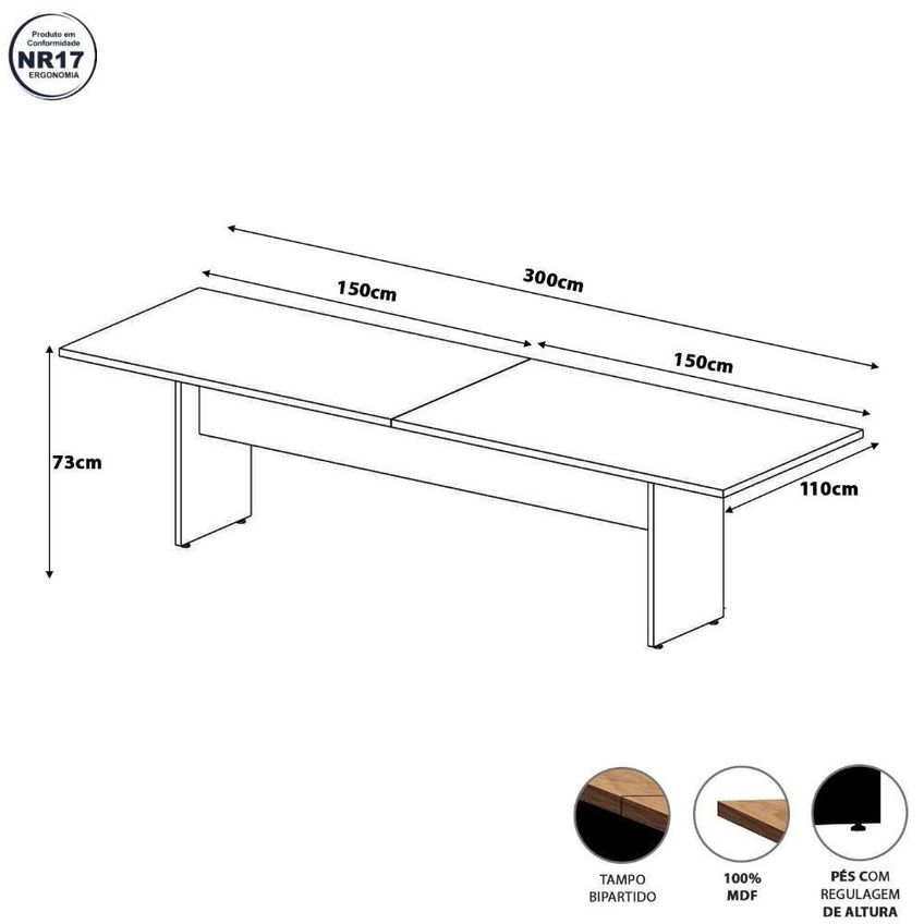Mesa De Reunião 08 Lugares 100% Mdf 300cm Freijó Com Preto F5 Office - imagem 2