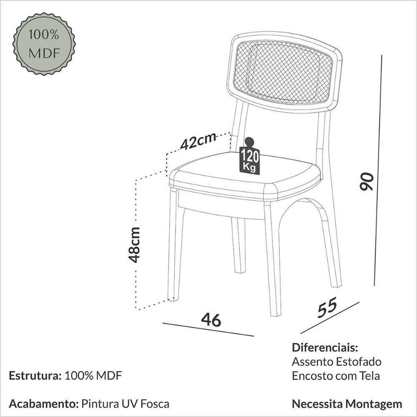 Mesa Redonda Jantar Base Ripada 2 Lugares Tampo MDF Cadeiras Estofadas Off White Freijó 90cm Dalla - imagem 2