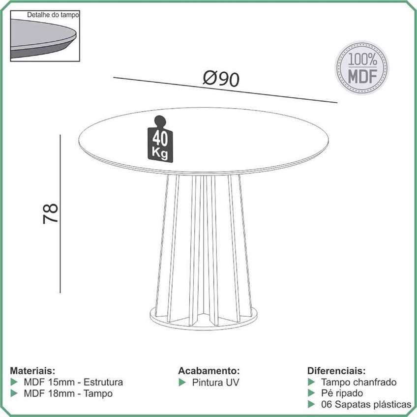 Mesa Redonda Jantar Base Ripada 2 Lugares Tampo MDF Cadeiras Estofadas Off White Freijó 90cm Dalla - imagem 5