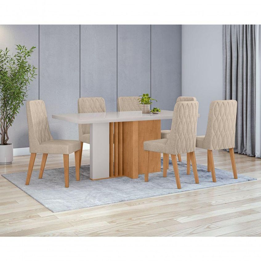Conjunto Sala De Jantar Mesa Astrid 160 6 Lugares Tampo Vidro Com Cadeiras Luar Amendoa Clean Off - imagem 5