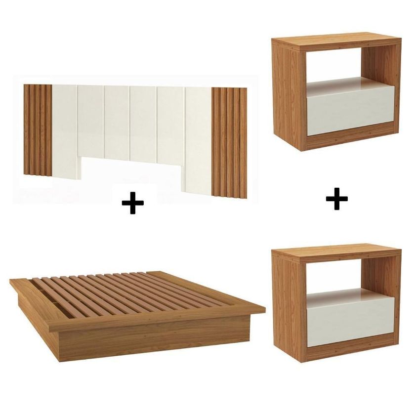 Cama Casal King Com Cabeceira Ripada 3,45m E 02 Mesas 2 Gavetas 100% Mdf 201cm Off White Com Freijó - imagem 5
