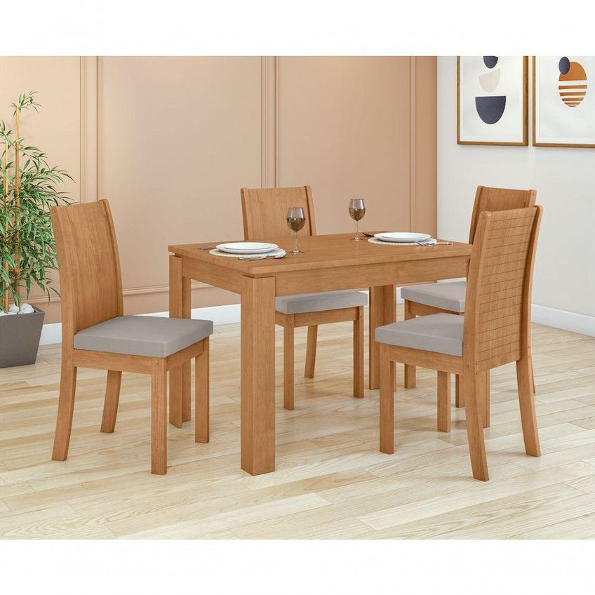 Conjunto Sala De Jantar Mesa Athenas 120 4 Lugares Tampo Vidro Off White Com Cadeiras Amendoa Clean - imagem 5