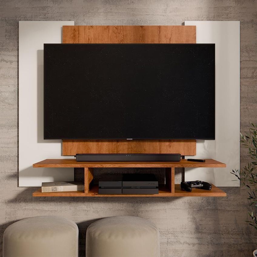 Painel Suspenso Ej Off White-freijó Para TV Até 50" 120cm MDP Com Nicho Off White Freijó Ej Móveis - imagem 3