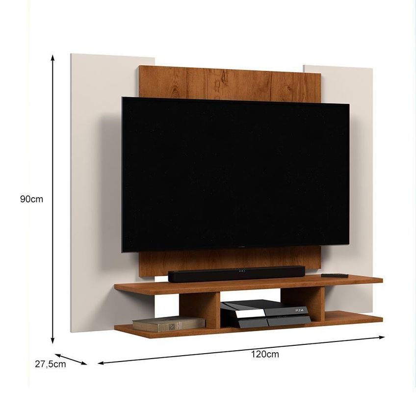 Painel Suspenso Ej Off White-freijó Para TV Até 50" 120cm MDP Com Nicho Off White Freijó Ej Móveis - imagem 4