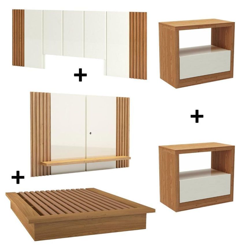 Cama Queen Cabeceira Ripada 1 Gaveta MDF 300cm Freijó Com Off White - imagem 3
