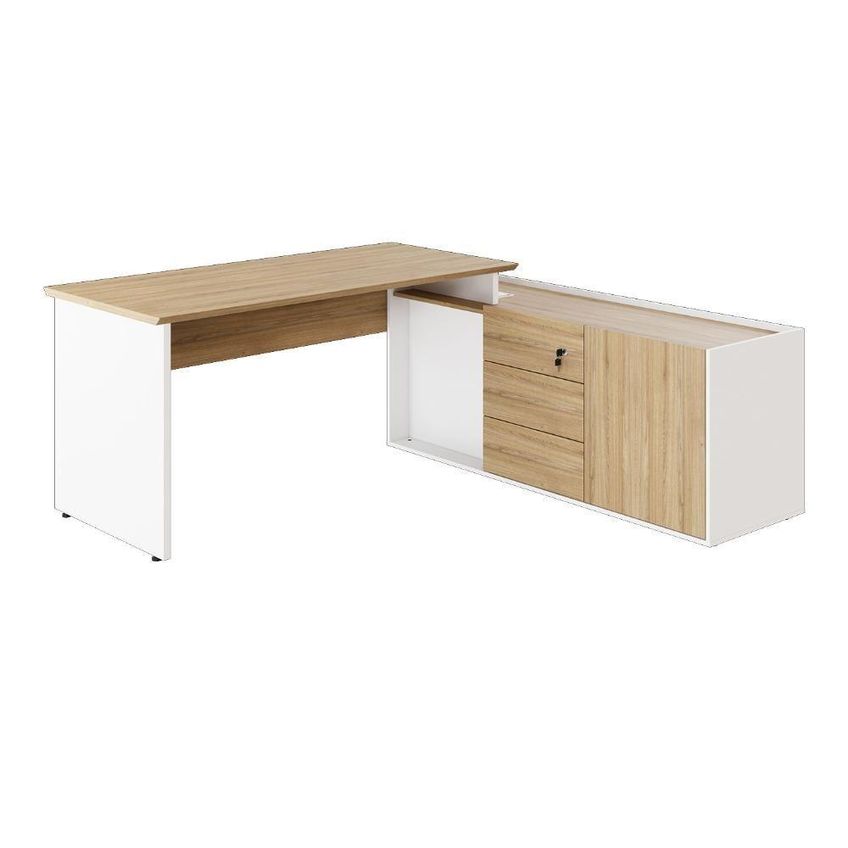 Mesa Para Escritório Em L Diretor Moderno 3 Gavetas Mdf Mdp 180cm Macadâmia F5 Office - imagem 4