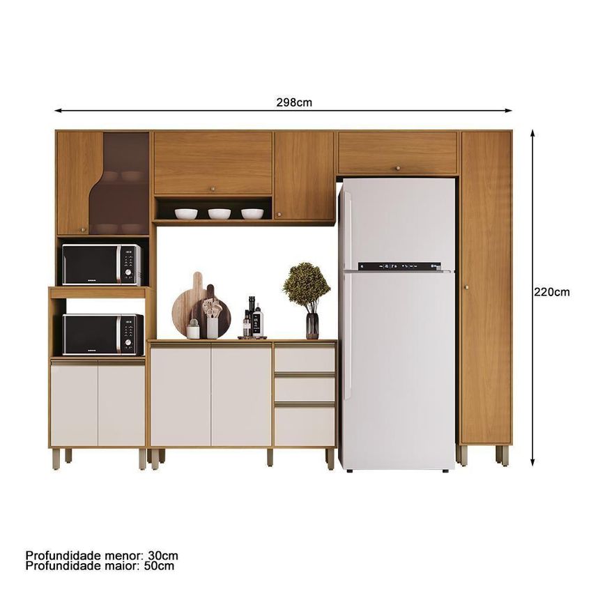 Cozinha Venaly 10 Portas 2 Gavetas MDF-MDP 298cm Cinamomo Off White Móveis Henn - imagem 3
