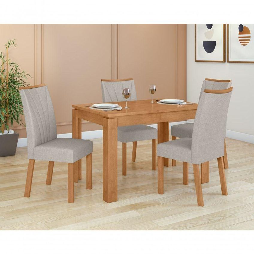 Conjunto Sala De Jantar Mesa Athenas 120 Com 4 Cadeiras Apogeu Tampo Vidro Off White Amendoa Clean - imagem 3