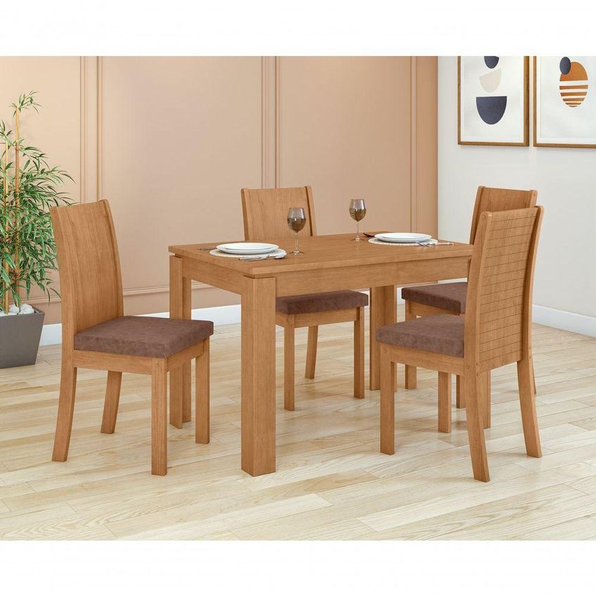 Conjunto Sala De Jantar Athenas 120 4 Lugares Tampo Vidro Off White Amendoa Clean 120cm Móveis Lopas - imagem 3