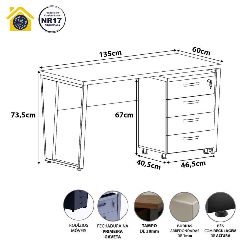 Mesa Escrivaninha Com Gaveteiro Industrial 4 Gavetas 135cm Cinza Sagrado Com Preto F5 Office - imagem 4