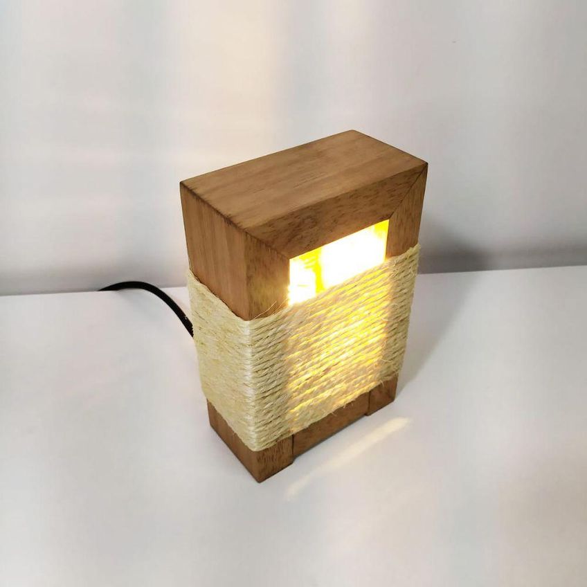 Luminária De Mesa Abajur Rústico Sisal Chalé Fio Tecido Madeira Nobre Bivolt - imagem 3