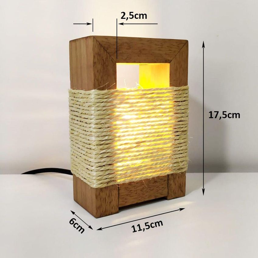 Luminária De Mesa Abajur Rústico Sisal Chalé Fio Tecido Madeira Nobre Bivolt - imagem 4
