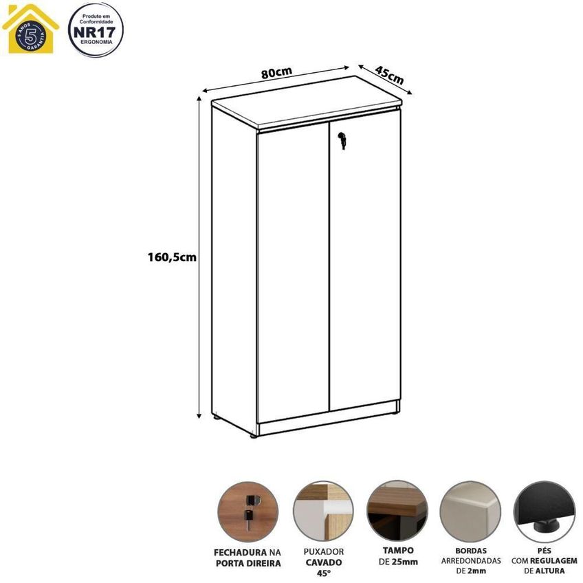 Armário Alto Para Escritório 2 Portas 3 Prateleiras MDP 80cm Cinza Sagrado Com Preto F5 - imagem 5