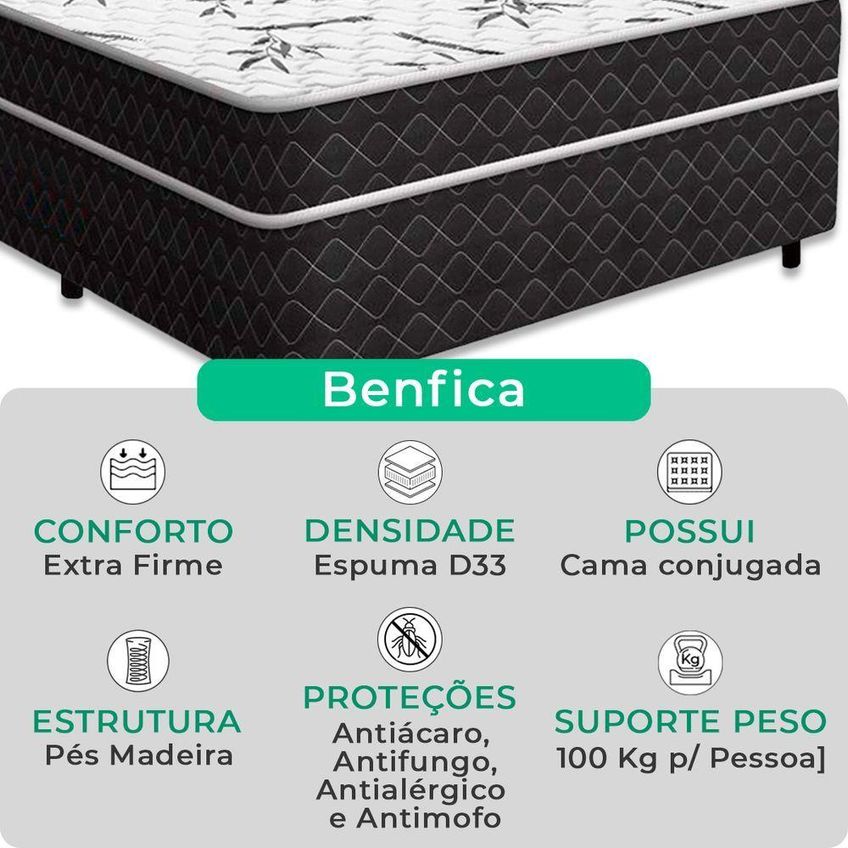 Cama Box Solteiro Benfica Colchão Acoplado Espuma D33 Tecido Antialérgico Preto V-Store - imagem 2