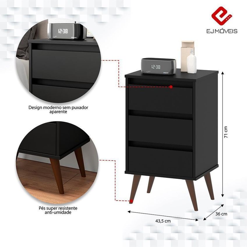 Mesa De Cabeceira Retrô Wood 3 Gavetas MDP Preto EJ Móveis - imagem 3