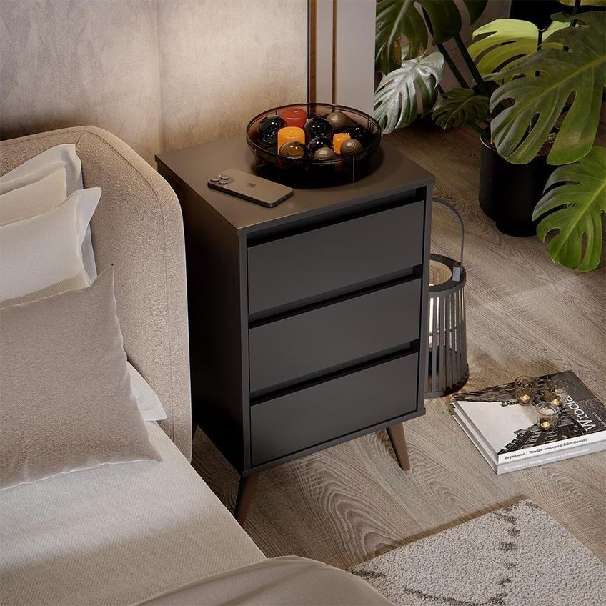 Mesa De Cabeceira Retrô Wood 3 Gavetas MDP Preto EJ Móveis - imagem 4