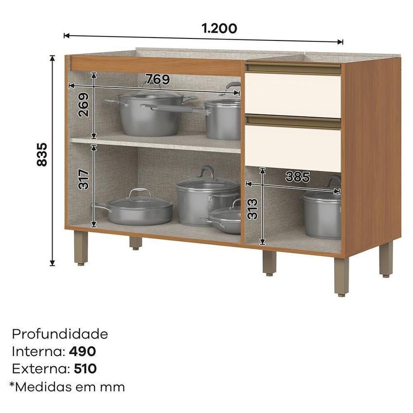 Balcão Pia Venaly 3 Portas 2 Gavetas MDF-MDP 120cm Cinamomo-Off White - imagem 4