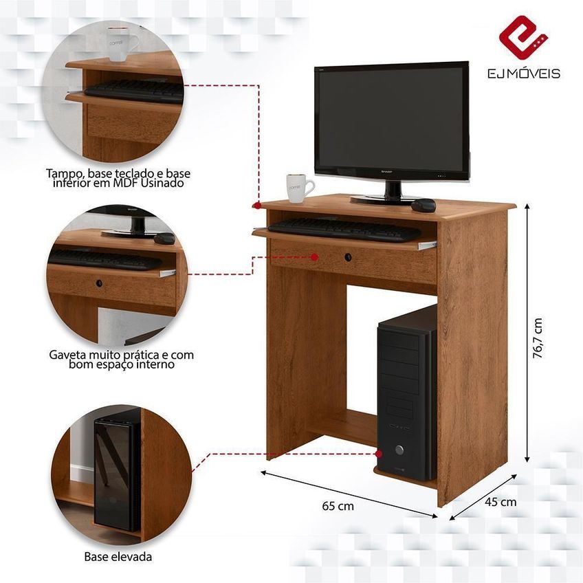 Mesa Para Computador Pratica Moderno 1 Gaveta MDF-MDP 65cm Ej Móveis - imagem 3