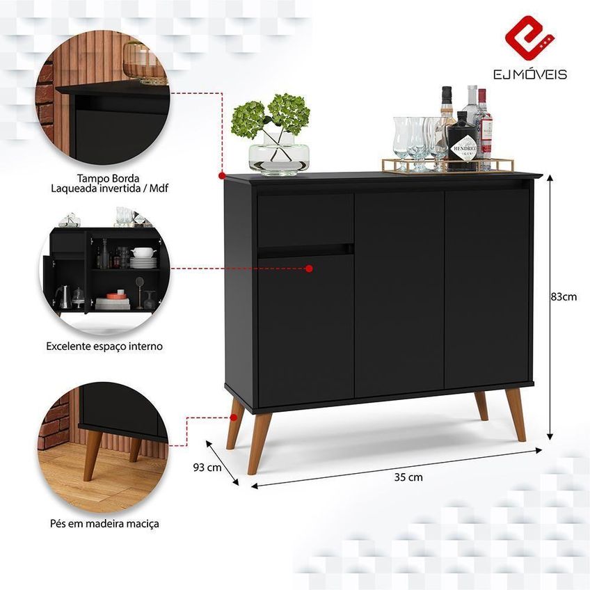 Aparador Buffet Veneza Moderno 3 Portas 1 Gaveta 93cm Preto Ej Móveis - imagem 3