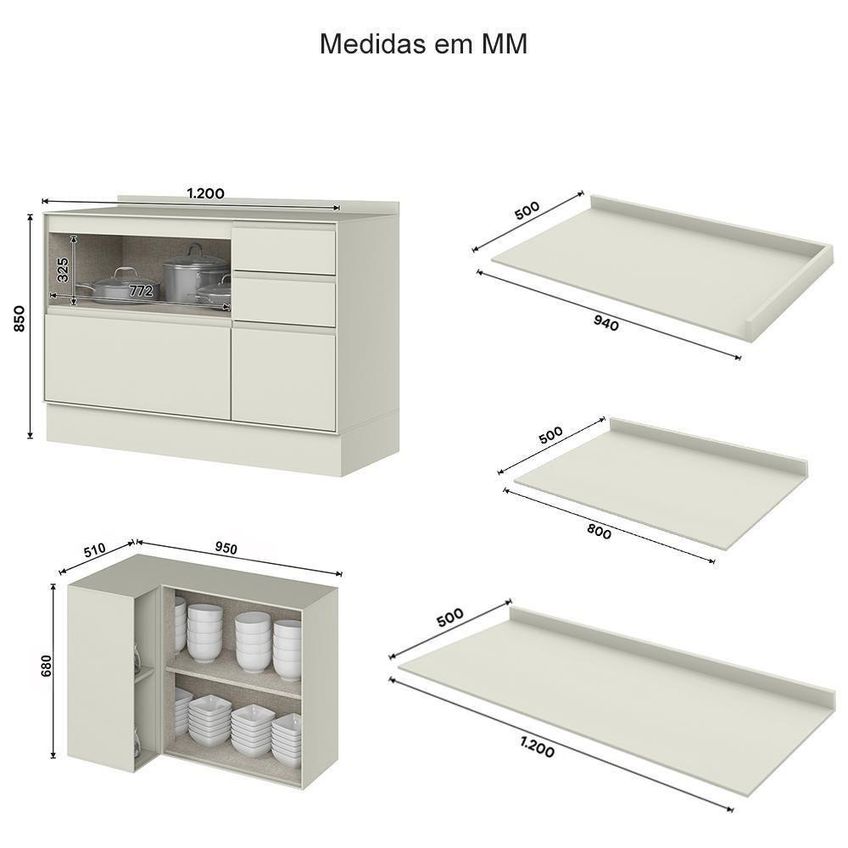 Cozinha Modulada Fineze 12 Portas 8 Gavetas MDF 315cm Bege Móveis Henn - imagem 5