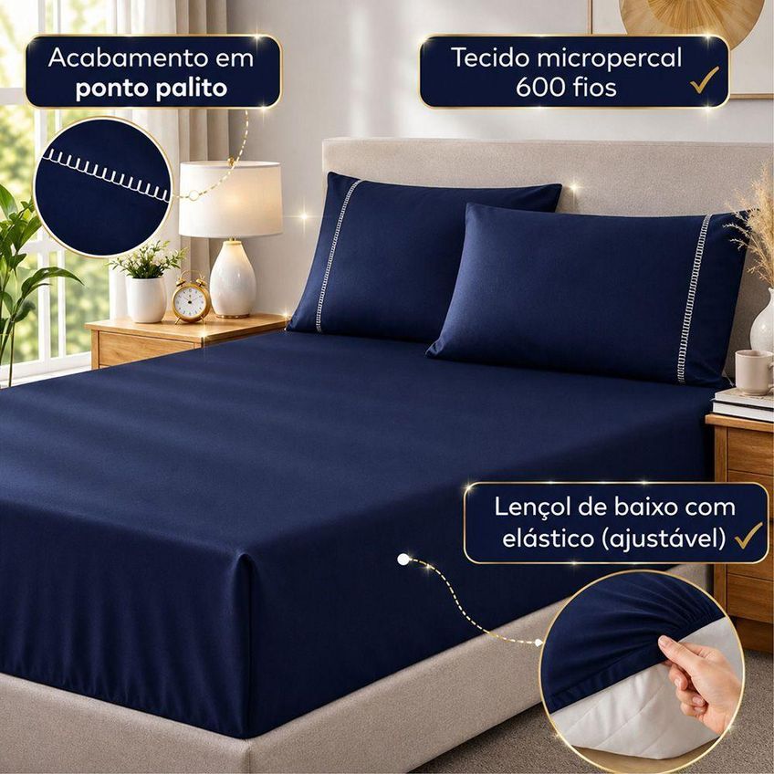 Jogo De Cama Lençol Quality Padrão 3 Peças Micropercal 600 Fios Marinho Casa Show Enxovais - imagem 4