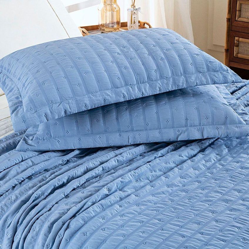 Cobre Leito Colcha Pliscê King 3 Peças 100% Poliéster Dupla Face Azul Mineral Casa Show Enxovais - imagem 4