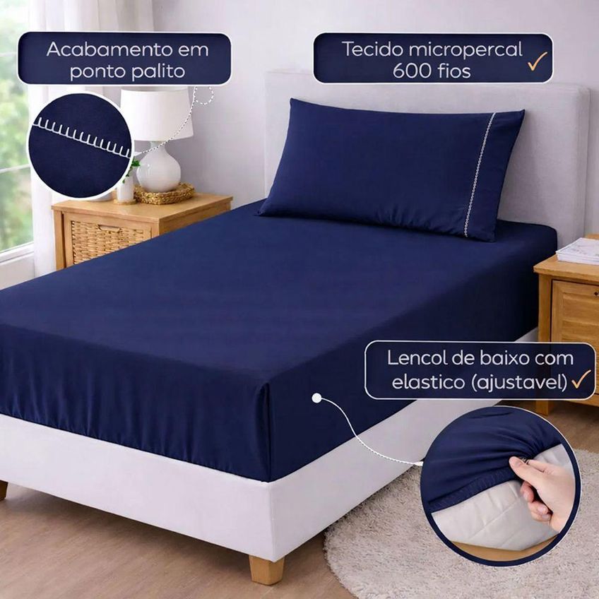 Jogo De Cama Lençol Egipicio Solteiro 2 Peças Micropercal 600 Fios Marinho Casa Show Enxovais - imagem 2