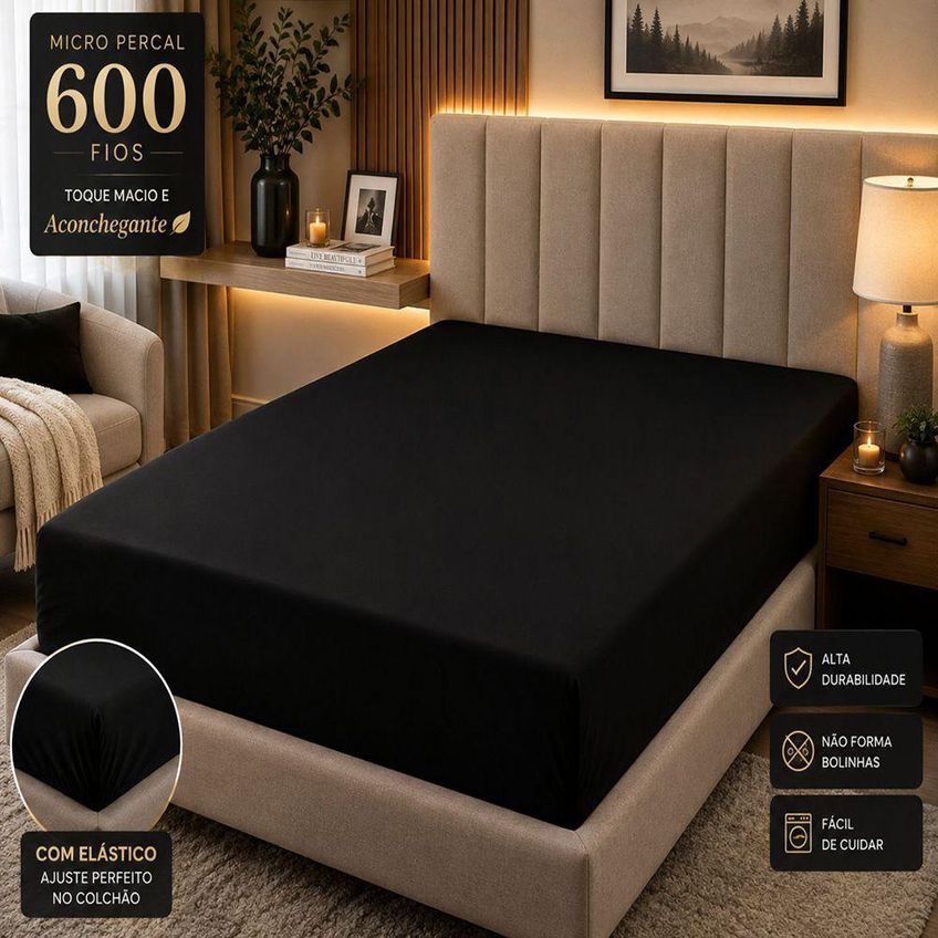 Jogo De Cama Lençol Quality King Micropercal 600 Fios Macio Preto Casa Show Enxovais - imagem 3