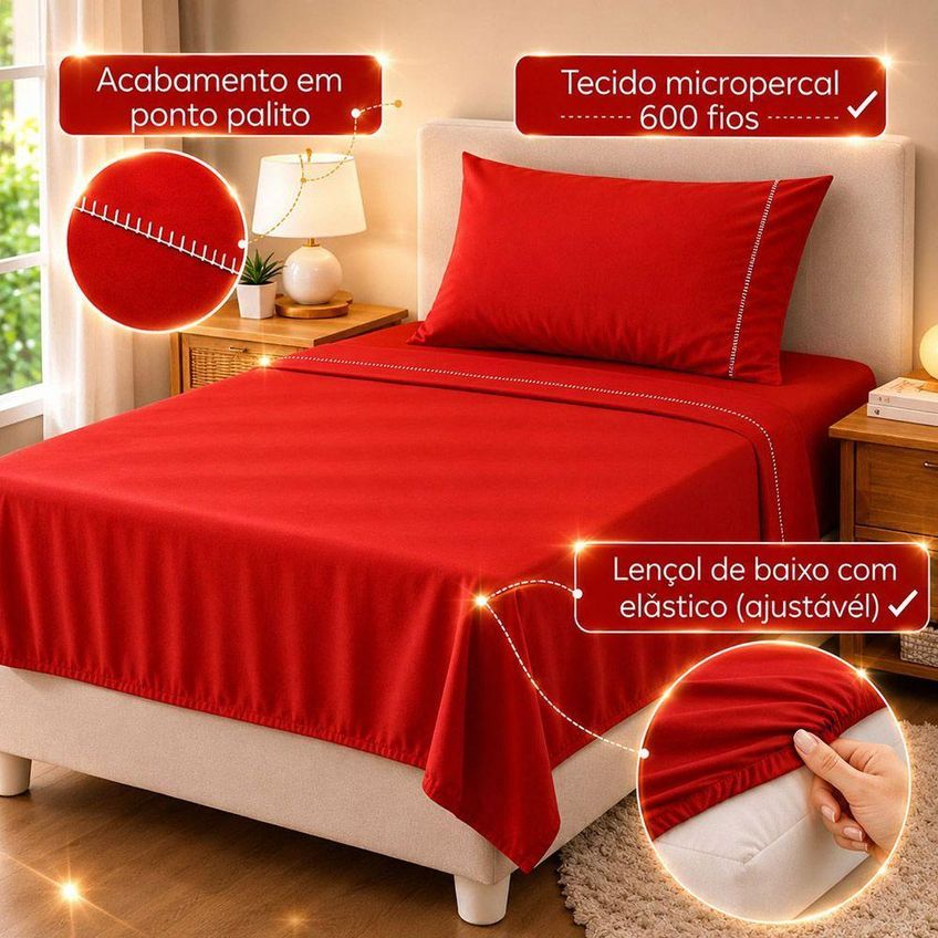Jogo De Cama Quality Solteiro 3 Peças Micropercal 600 Fios 100% Poliéster Vermelho Casa Show - imagem 2