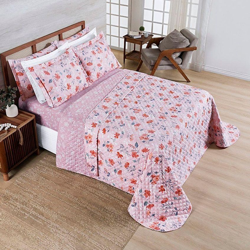 Cobre Leito Colcha Elyte Casal 3 Peças 100% Poliéster Matelassê Dupla Face Floral Branco Casa Show - imagem 3