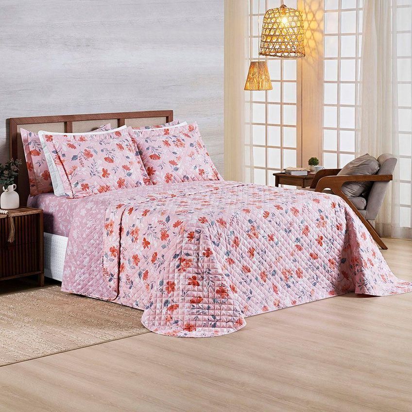 Cobre Leito Colcha Elyte Casal 3 Peças 100% Poliéster Matelassê Dupla Face Floral Branco Casa Show - imagem 4
