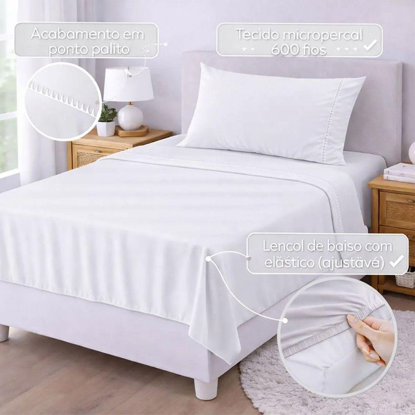 Jogo De Cama Lençol Egípcio Solteiro 3 Peças Micropercal 600 Fios Branco Casa Show Enxovais - imagem 3