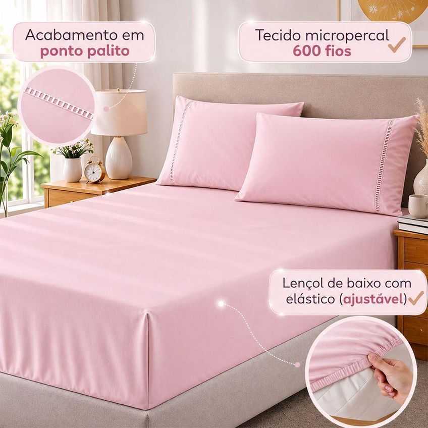Jogo De Cama Lençol Quality Padrão 3 Peças Micropercal 600 Fios Macio Rosa Casa Show Enxovais - imagem 3