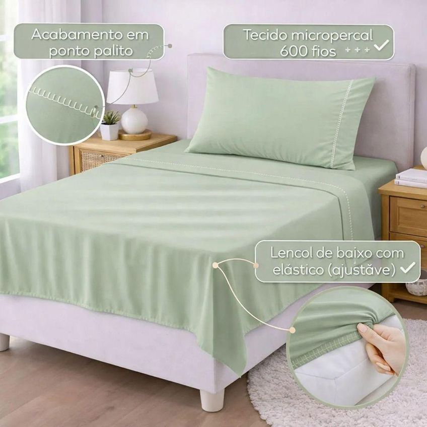 Jogo De Cama Lençol Egipicio Solteiro 3 Peças Micropercal 600 Fios Macio Verde Claro Casa Show - imagem 3