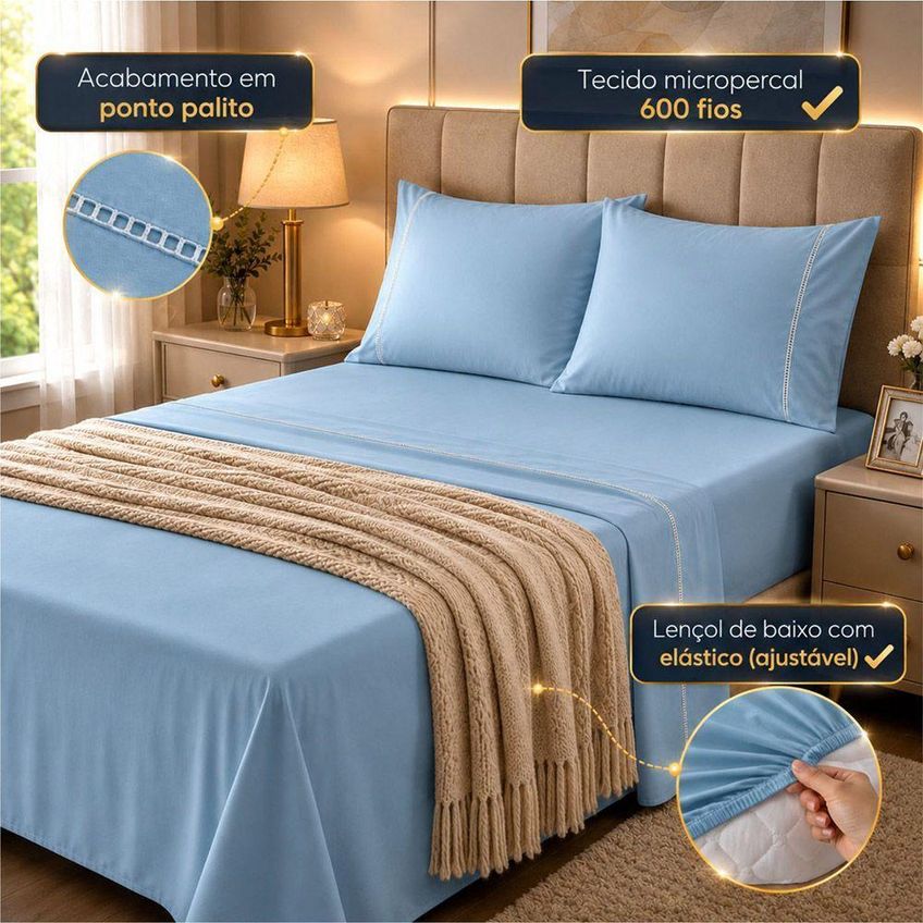 Jogo De Cama Quality Queen 4 Peças Micropercal 600 Fios Azul Claro Casa Show Enxovais - imagem 2