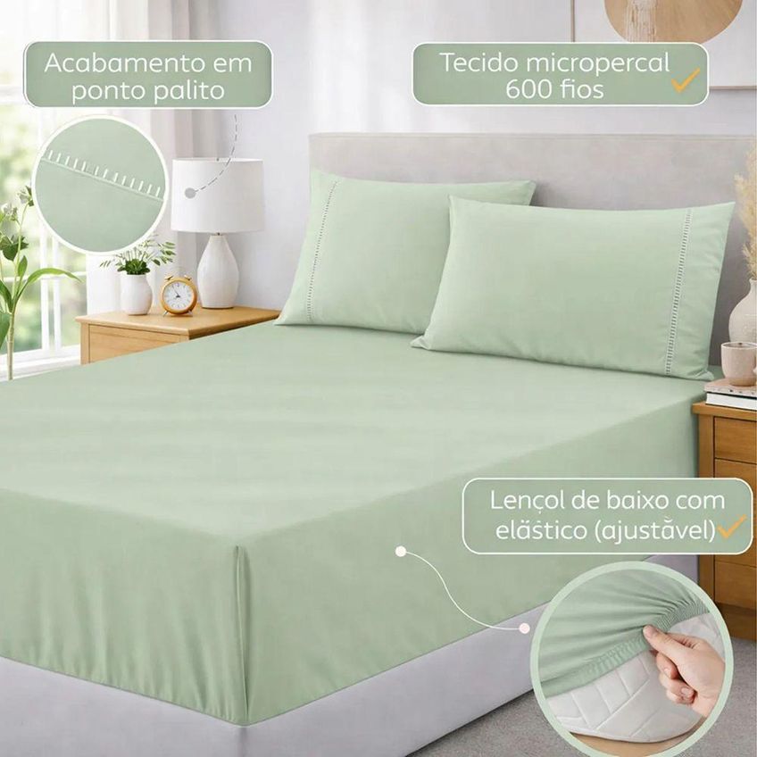 Jogo De Cama Lençol Egípcio Queen 3 Peças Micropercal 600 Fios Macio Verde Claro Casa Show Enxovais - imagem 2