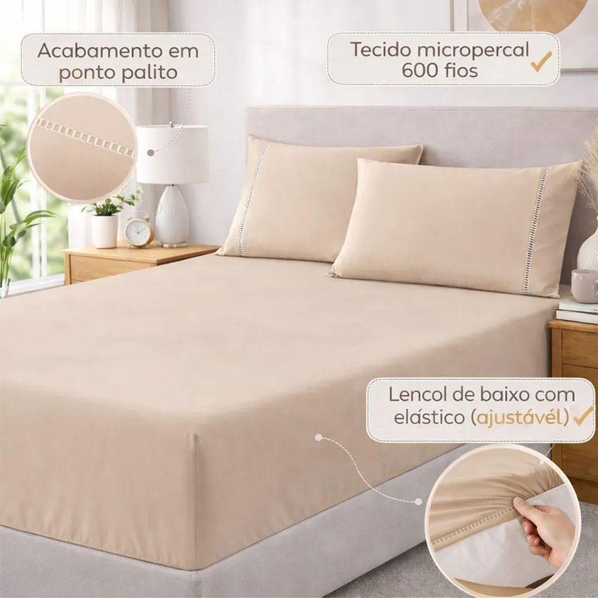 Jogo De Cama Lençol Egipicio Queen 3 Peças Micropercal 600 Fios Avelã Casa Show Enxovais - imagem 3