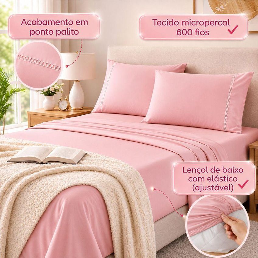 Jogo De Cama Lençol Quality Queen 4 Peças Micropercal 600 Fios Rosa Casa Show Enxovais - imagem 2