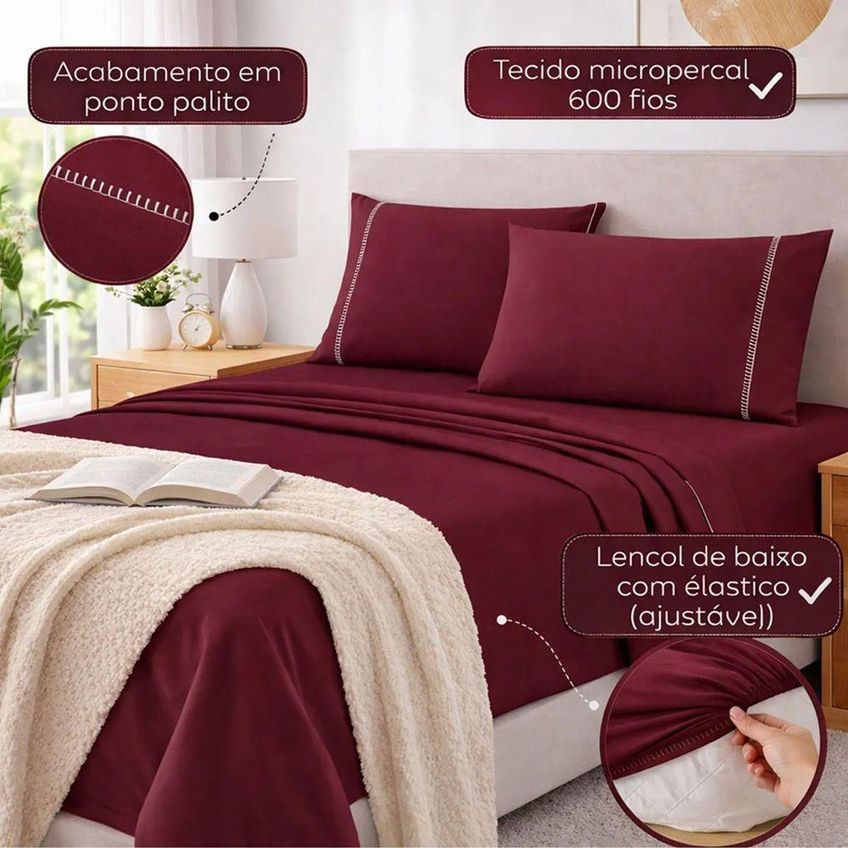 Jogo De Cama Lençol Egipicio Queen 4 Peças Micropercal 600 Fios Vinho Casa Show Enxovais - imagem 4