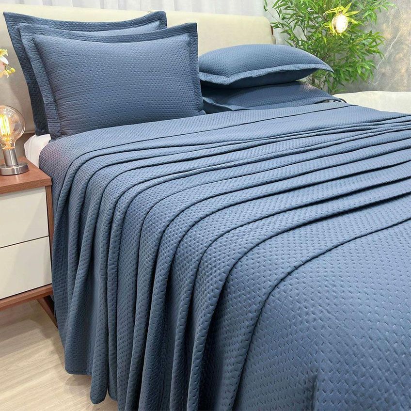 Cobre Leito Colcha Inspiração Casal 3 Peças 100% Poliéster Microfibra Bege E Azul Casa Show Enxovais - imagem 3