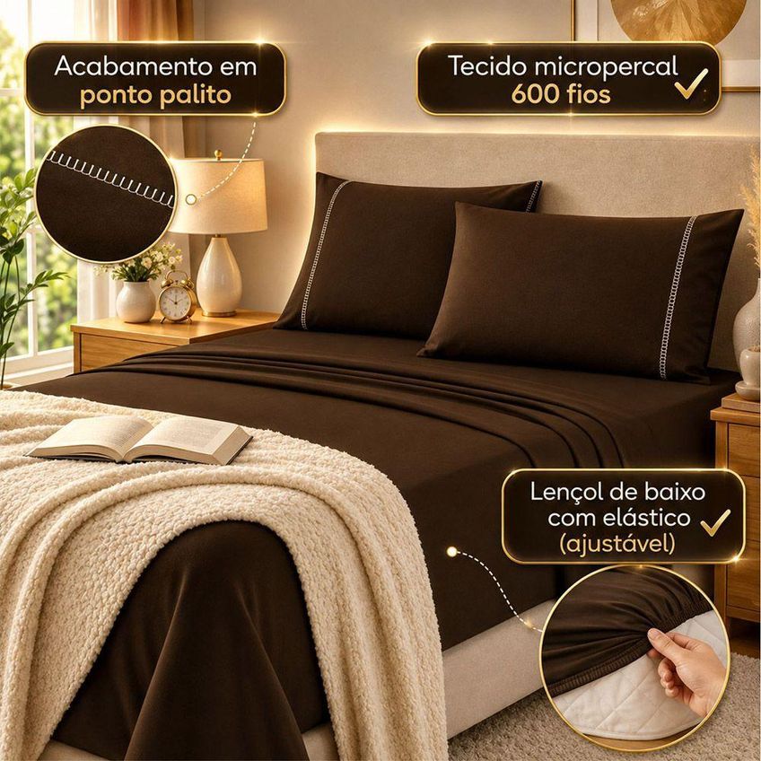 Jogo De Cama Lençol Quality Queen 4 Peças Micropercal 600 Fios Marrom Casa Show Enxovais - imagem 3