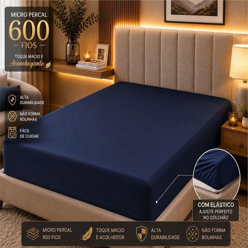 Jogo De Cama Lençol Quality King 600 Fios Micropercal Marinho Casa Show Enxovais - imagem 4