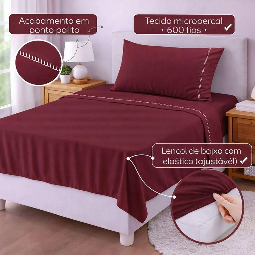 Jogo De Cama Lençol Egipicio Solteiro 3 Peças Micropercal 600 Fios Macio Vinho Casa Show Enxovais - imagem 2