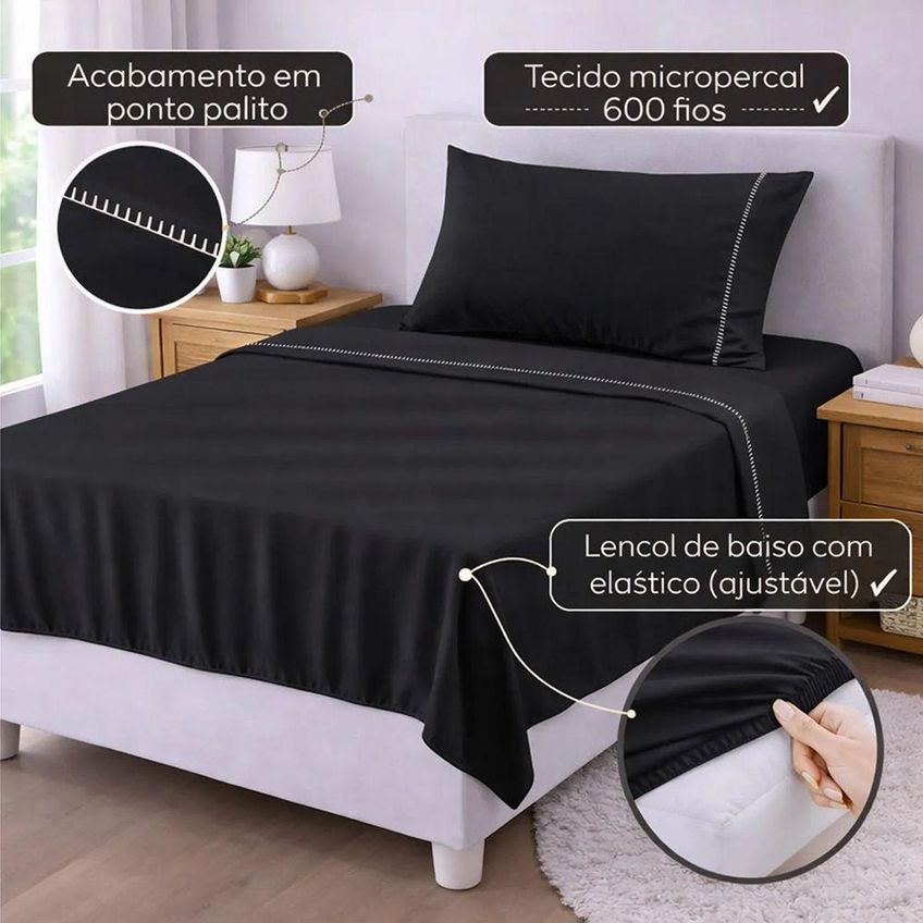 Jogo De Cama Lençol Egipicio Solteiro 3 Peças Micropercal 600 Fios Macio Preto Casa Show Enxovais - imagem 3