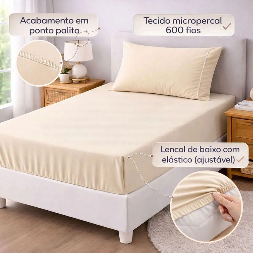 Jogo De Cama Lençol Egipicio Solteiro 2 Peças Micropercal 600 Fios Avelã Casa Show Enxovais - imagem 3
