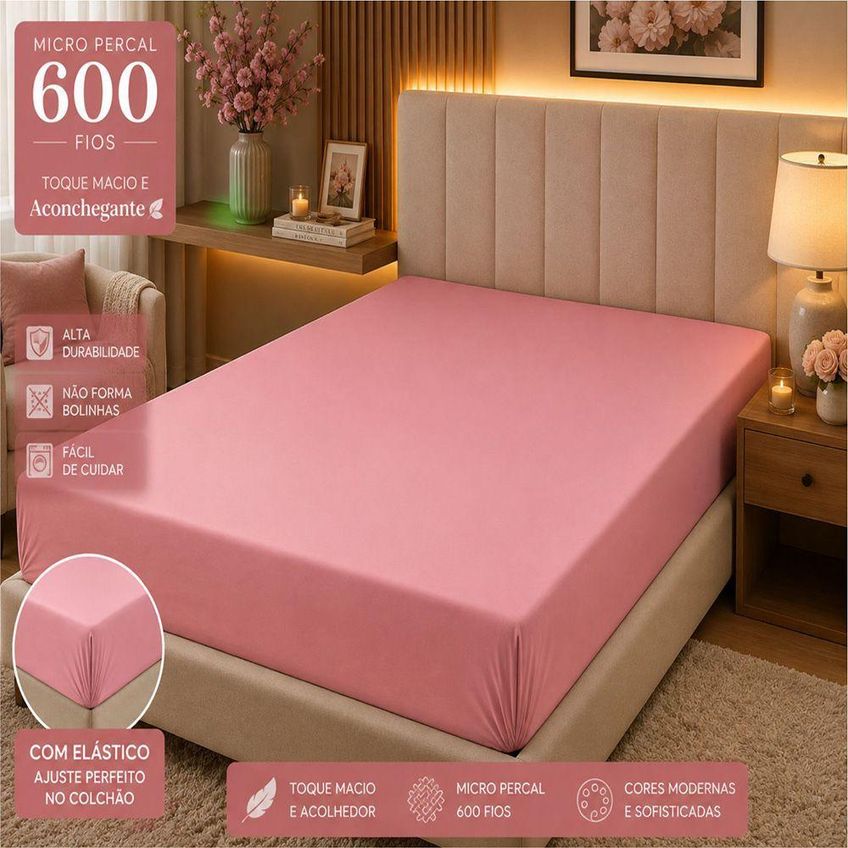 Jogo De Cama Quality Queen 100% Poliéster Micropercal 600 Fios Rosê Casa Show Enxovais - imagem 3