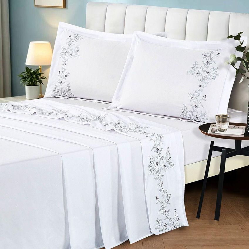 Jogo De Cama Requinte Queen 4 Peças 100% Poliéster Bordado Branco Casa Show Enxovais - imagem 4