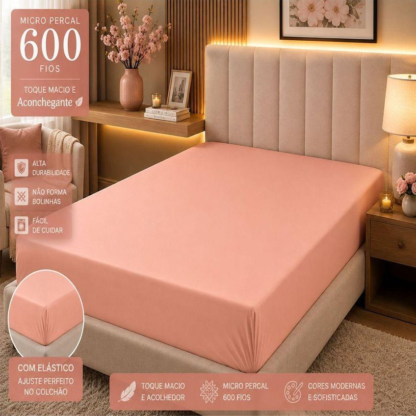 Jogo De Cama Lençol Quality King 100% Poliéster Micropercal 600 Fios Salmão Casa Show Enxovais - imagem 4