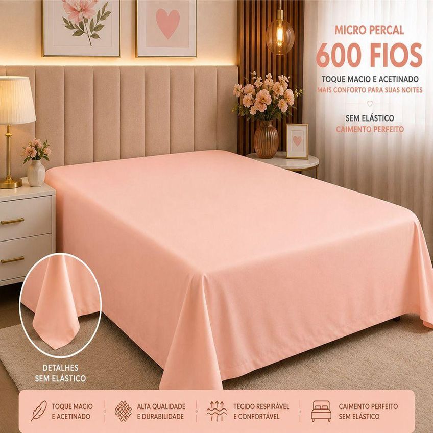 Lençol Avulso Quality Casal Micropercal 600 Fios Macio Sem Elástico Salmão - imagem 2