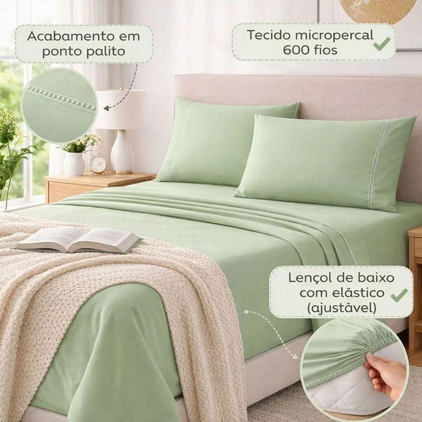 Jogo De Cama Lençol Egipicio King 4 Peças Micropercal 600 Fios Macio Verde Claro Casa Show Enxovais - imagem 4